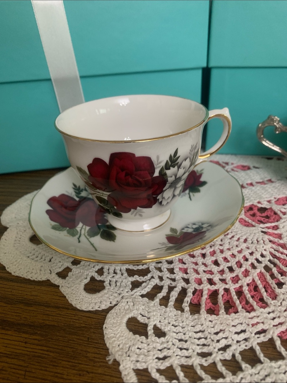 Classic Red Rose Porcelain Teacup and Saucer with Gold Trim